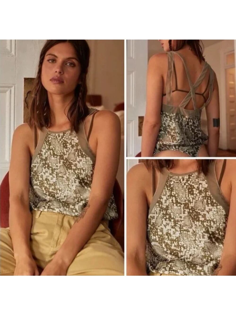 Free People Olive Green Sequin Halter Bodysuit with Taupe Trim